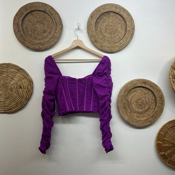 NEW SAYLOR Purple Cropped Lace Long Sleeve Corset Blouse Crop Top XS Feminine - Picture 3 of 9